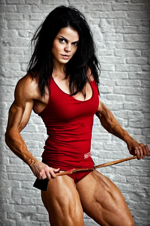 Prompt: realistic photograph. warrior woman, 2 7, in her bedclothes. tight white tanktop shows strong feminine figure. loose comfortable red pajama pants. jaimie alexander. short hair, straight, ravenblack. faircomplected but tan. tall gracile, but thick ripped jacked vascular buff muscular arms and large ample female bust.