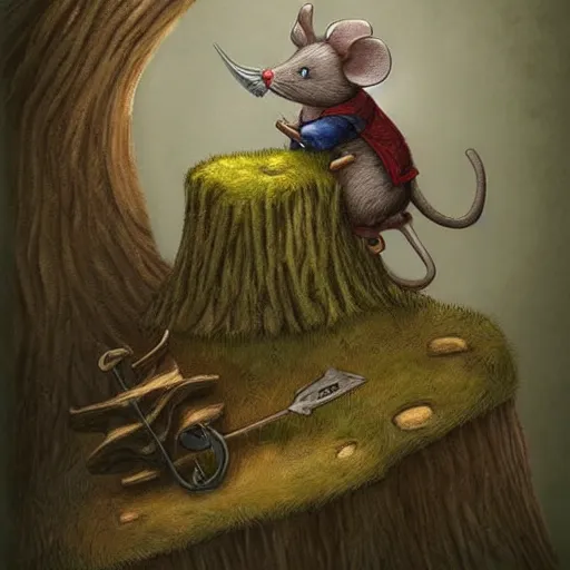 Prompt: a mouse with a sword sits on a stump, deep forest, mouse in clothes, by rivuletpaper, rivuletpaper art, MouseGuard by David Petersen, small details, realistic illustration,