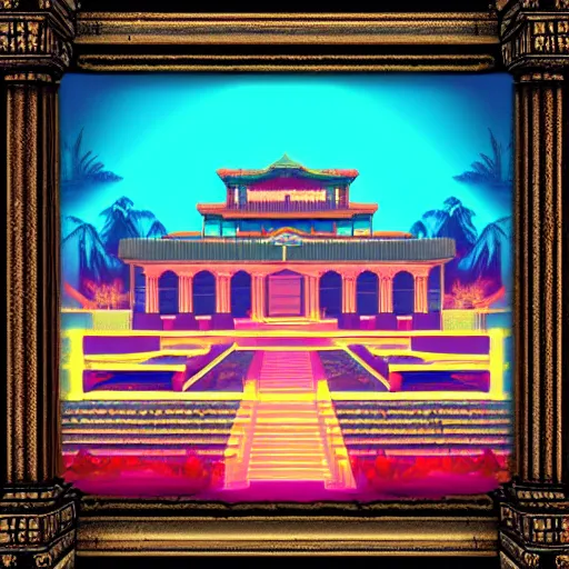 Image similar to ancient palace viewed from the sea, epic retrowave art, trending on art station