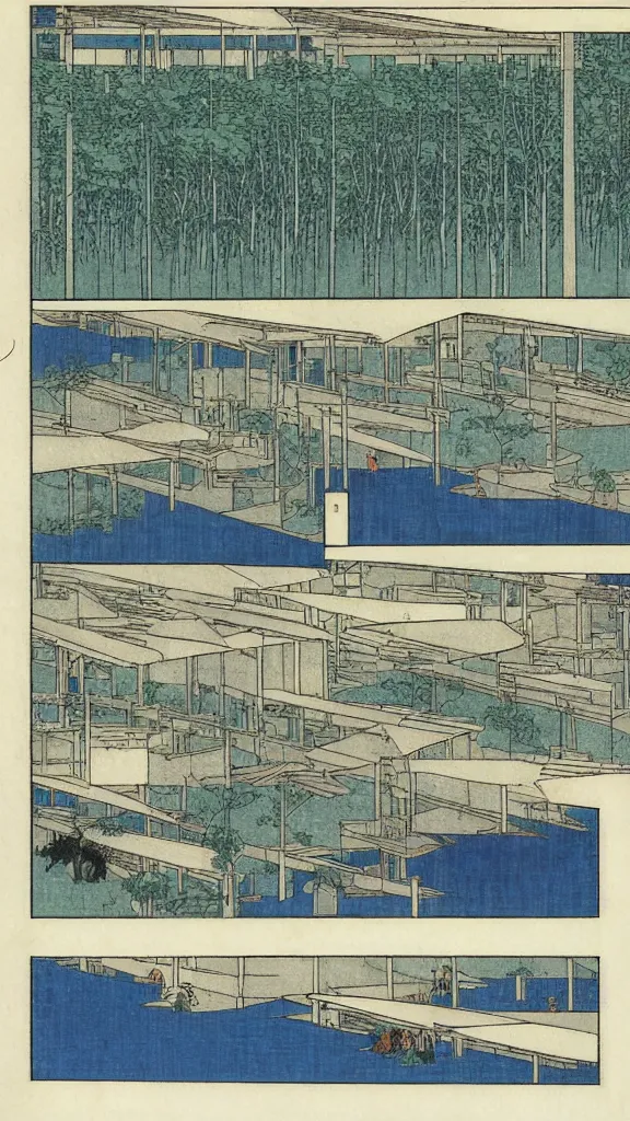 Prompt: 3 - panel comic page layout by hiroshige. sustainable parametric futuristic building in a urban setting. ultrarealistic matte painting on white page. the buildings have many deep and tall balconies covered in plants and trees. thin random columns, large windows, deep overhangs. plants hang from balconies. greeble articulated details. 8 k, uhd.