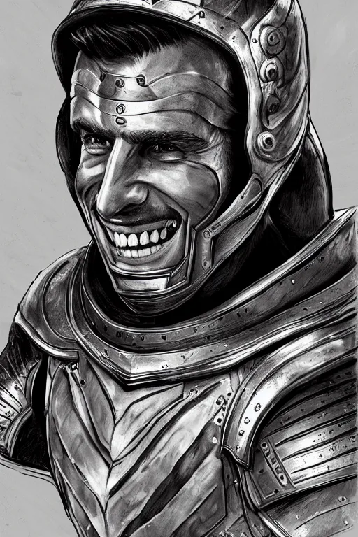 Prompt: emmanuel macron smiling while wearing armour, highly detailed, digital art, sharp focus, trending on art station