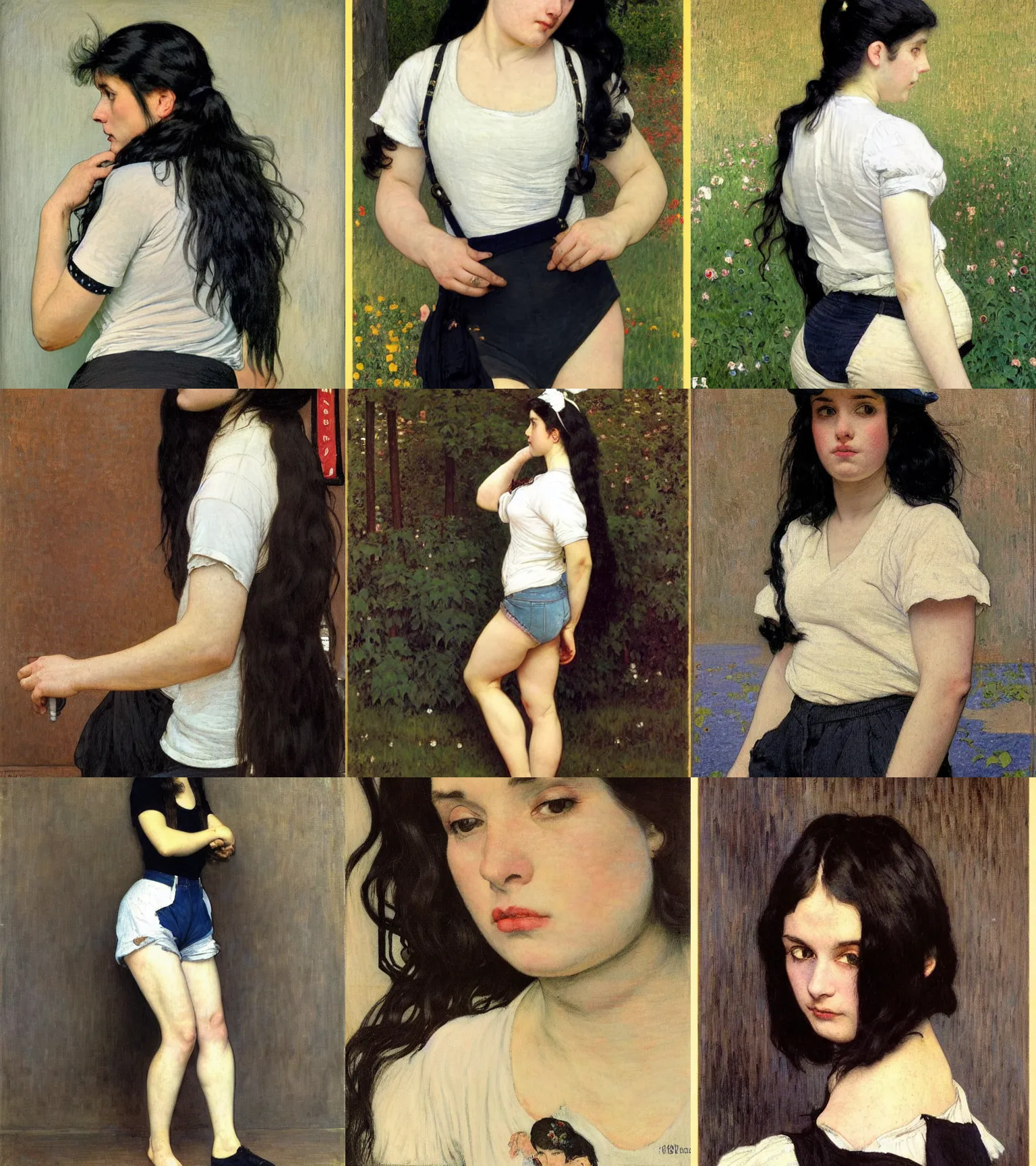 Prompt: a woman with long black hair in shorts with suspenders and white t-shirt drawn by gustave caillebotte, Alexandre Cabanel, norman rockwell, peter paul rubens, maler collier, frank frazetta, alphonse mucha, gustav klimt 4k, unreal 5, DAZ, french noveau, trending on artstation, octane render, hyperrealistic