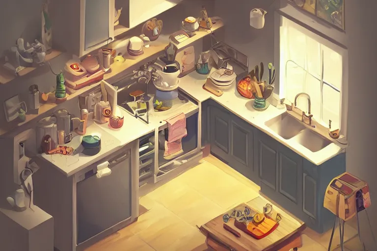 Image similar to cute kitchen, refrigerator, sink, isometric art, bright, artstation, highly detailed, cinematic lighting + masterpiece