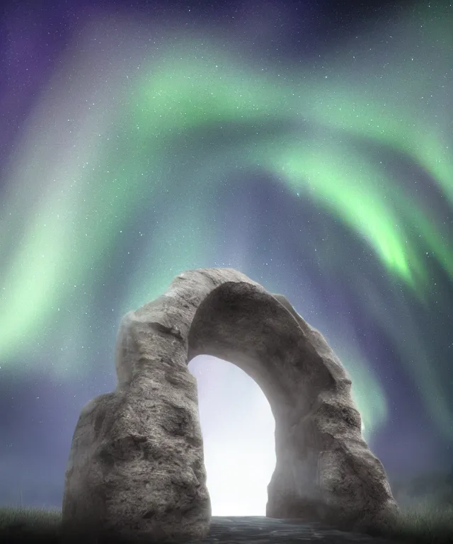 Image similar to stone archway, aurora borealis, portal, mysticism, photorealistic, fog