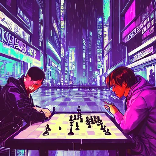 Prompt: high detailed replicants playing chess in a cyberpunk rainy city at night by josan gonzalez, purple and blue neons, unreal engine, high quality, 4 k, uhd, trending on artstation, wires, blade runner vibes, ghost in the shell, akira, dorohedoro