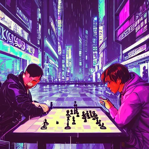 Cyberpunk chess board over cityscape