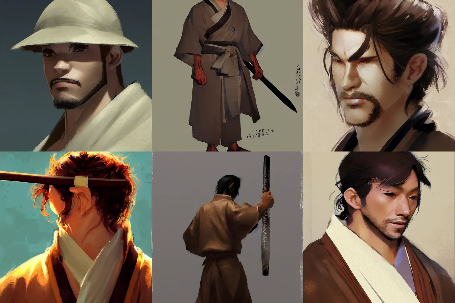 Prompt: Ren is a man of average build. Light skin and wavy brown hair swept over his ears. Some light stubble on his face. He wears a white yukata and carries a katana. Craig Mullins. Portrait. featured on artstation