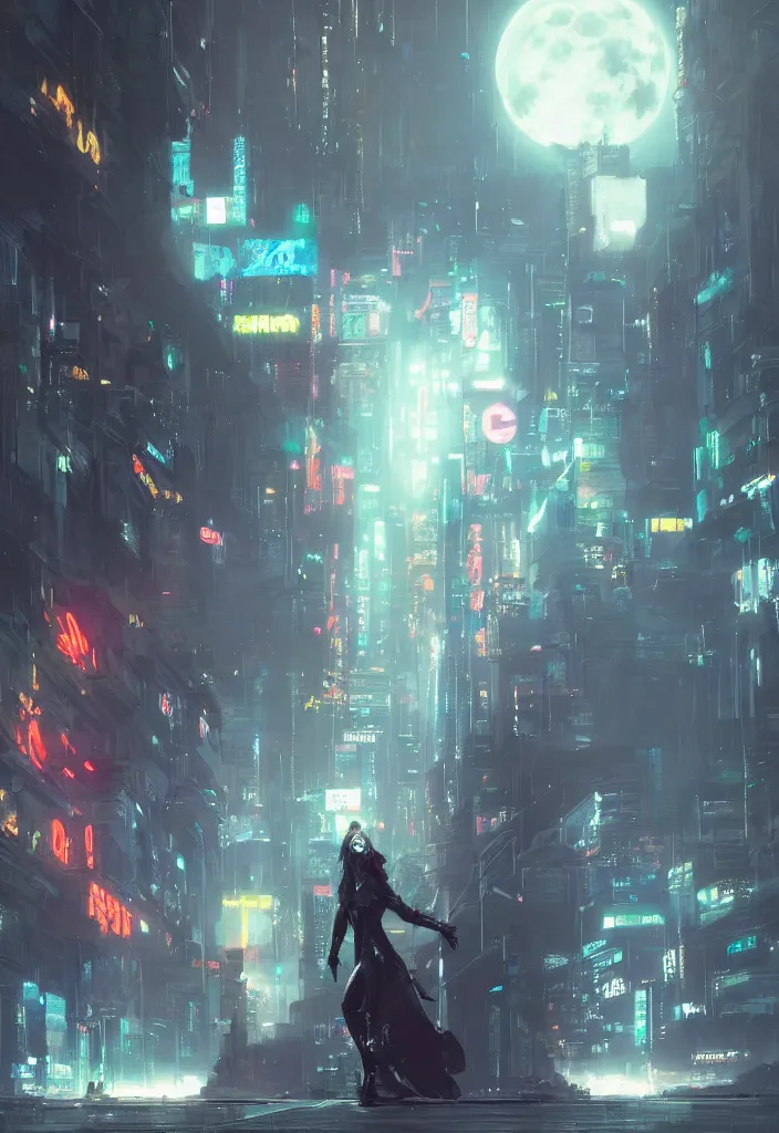 Image similar to an emotional concept painting of a cyberpunk android dancing in the moonlight, neon signs, empty city, large detailed moon, concept painting by Raymond Swanland and Ruan Jia and Greg Rutkowski