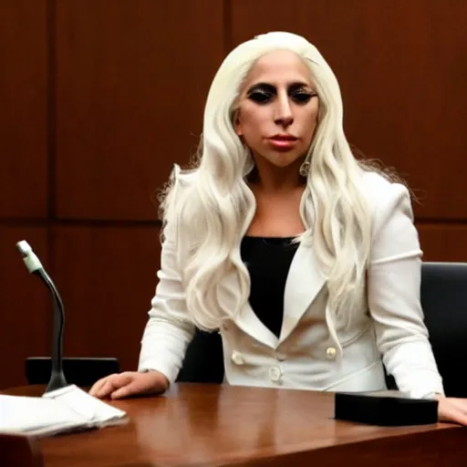 Prompt: lady gaga in the witness stand of a courtroom pointing at the hamburgler who is sitting at the defendant ’ s table