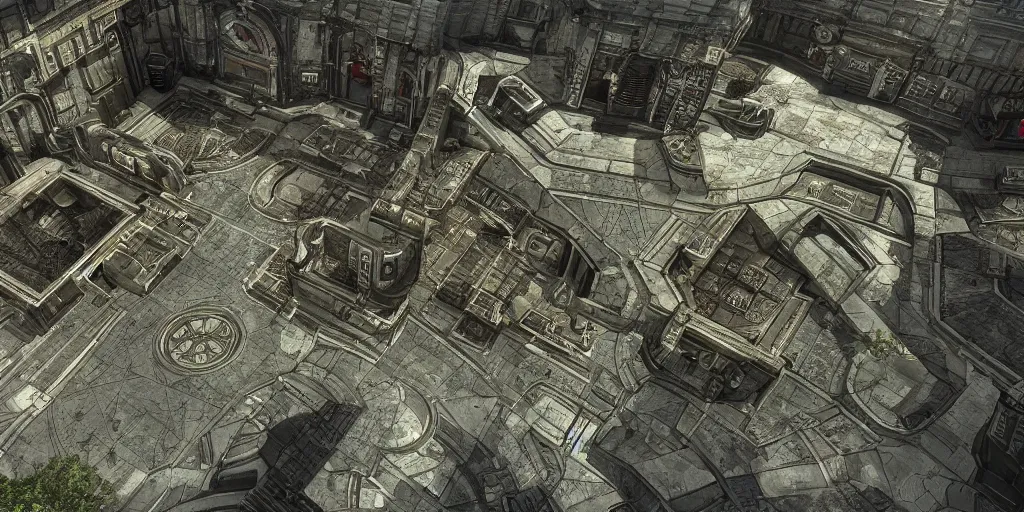 Image similar to architectural floor plan gears of war map meets call of duty map, symmetrical outpost, alien artifact