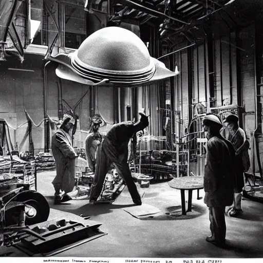 Image similar to scientists discovering an alien ufo in a warehouse, 1 9 2 0's sci - fi, black and white, 8 k, highly ornate intricate details, extreme detail,