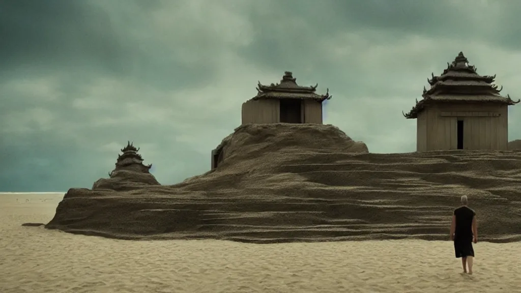 Image similar to the strange temple on the beach, they walk inside, film still from the movie directed by denis villeneuve and david cronenberg with art direction by salvador dali, wide lens