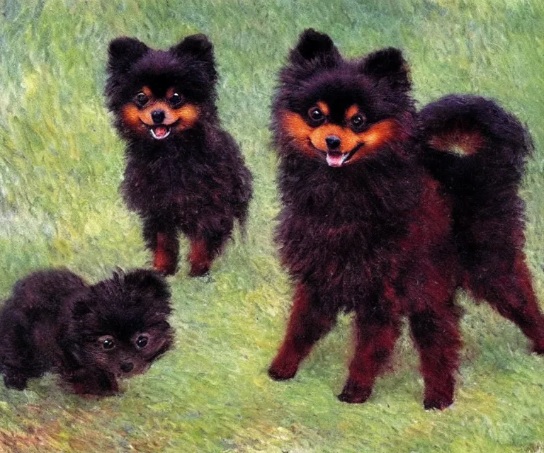 Image similar to black and brown pomeranian, cute, monet, oil painting