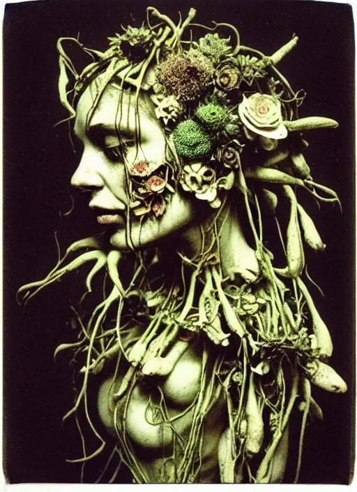 Prompt: beautiful and detailed rotten woman made of plants and many different types of flowers, muscles, intricate, organs, ornate, surreal, john constable, guy denning, dan hillier, manera, caravaggio, 1 9 1 0 polaroid photo