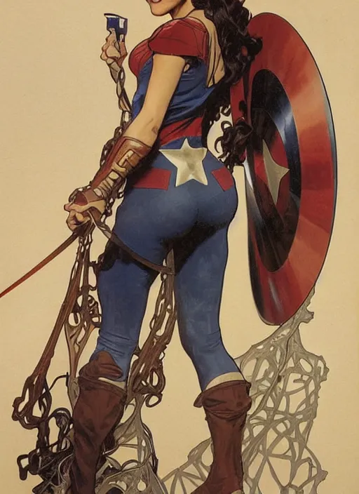 Image similar to slim young woman with a mischievous face and long aubrun wavy hair dressed as superhero in her early twenties, posing with arms tucked behind back, captain america, tight fit, curvaceous, intricate detailed face, amply proportioned, shiny, greg rutkowski, alphonse mucha