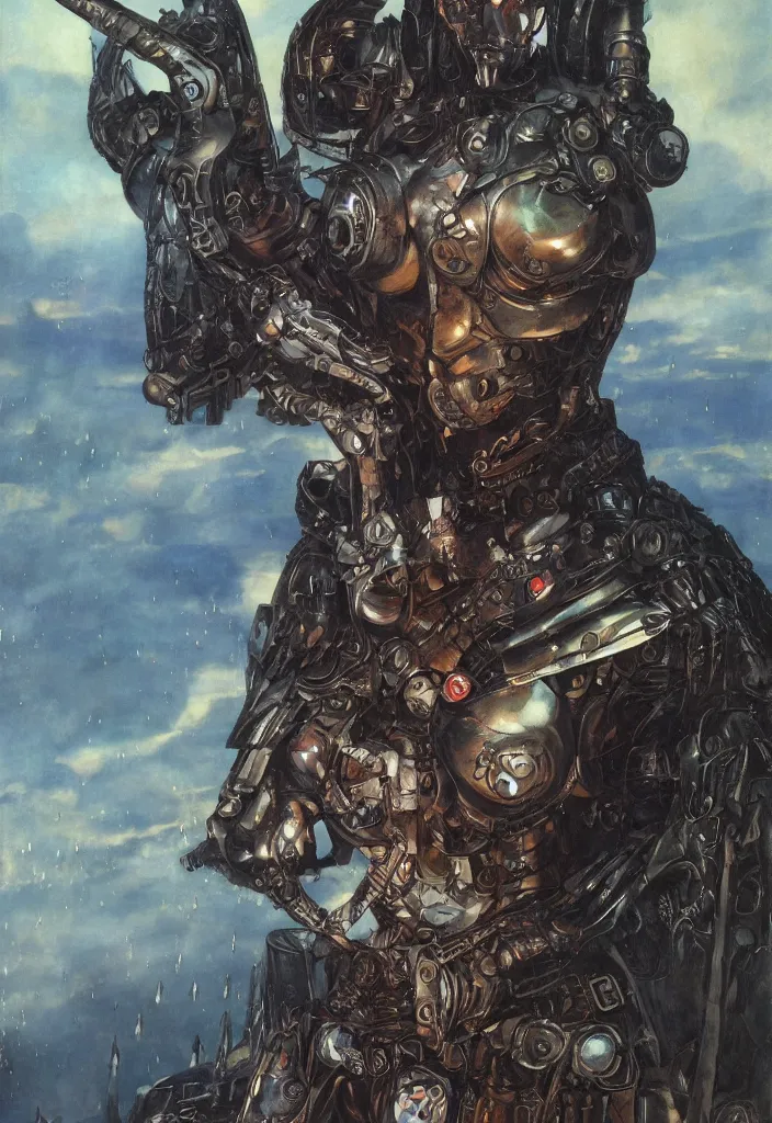 Image similar to biblical diabolical beautiful female valkyree! samurai cyborg, slick metal plastic armor, heavy eyes to the side, closeup, bright glowing eyes, in clouds, rain, sunset, portrait, by gerald brom, by mikhail vrubel, by peter elson, muted colors, extreme detail, reflections, trending on artstation, 8 k