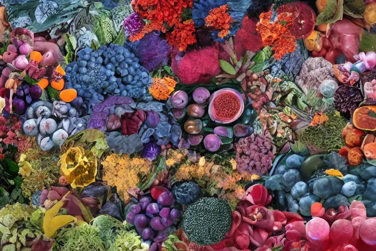 Prompt: framed photo of a super detailed color art, a lot of small garden flowers, A multiverse of vegetables, fruits and blueberries, unreal engine, wes anderson and Moebius color palette, 3d render, colorful, digital art