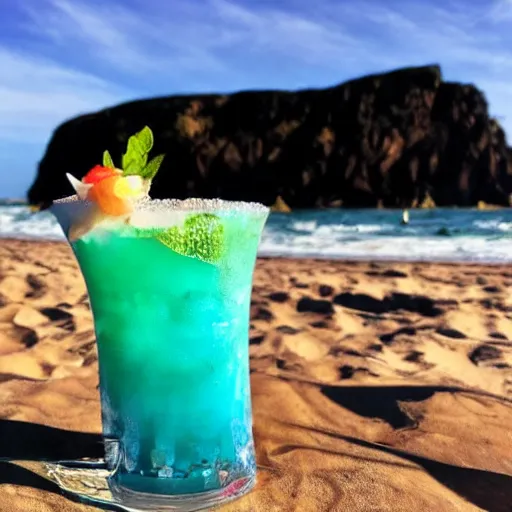 Prompt: alien drinking a mohito at the beach