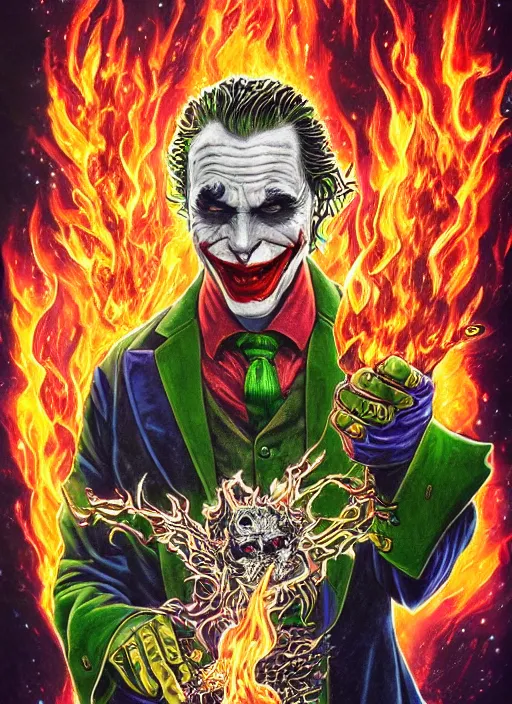 Prompt: high intricate colored ink drawing of the joker holding a glimmering fire - galaxy, full shot, neil gaiman, maria panfilova, andrea savchenko, mike kime, ludovic plouffe, qi sheng luo, oliver cook, julian calle, eddie mendoza, trending on artstation