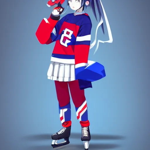 Image similar to cute anime girl ice hockey player, habs jersey, blue white and red color blocking, character concept exploration, ghost in the shell, outfit designs, trending on artstation, 8k