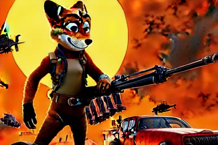 Image similar to nick wilde, heavily armed and armored facing down armageddon in a dark and gritty reboot from the makers of mad max : fury road : witness me