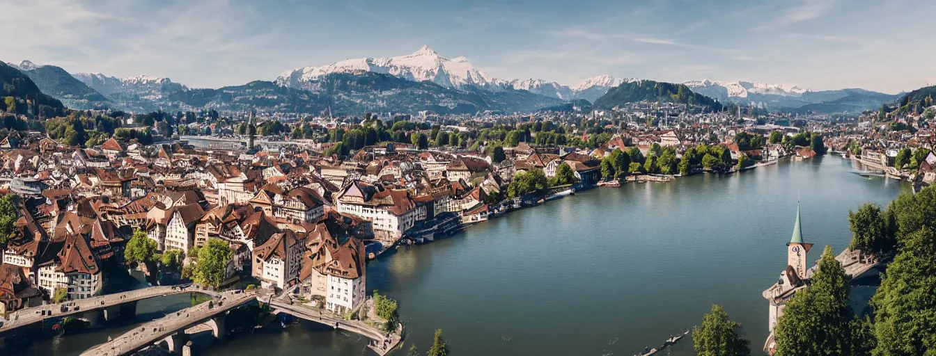 Image similar to Photo of Zurich, looking down the Limmat at the lake and the alps, Hardturm, Grossmünster, Lindenhof, Üetliberg, wide angle, volumetric light, hyperdetailed, light blue water, artstation, cgsociety, 8k