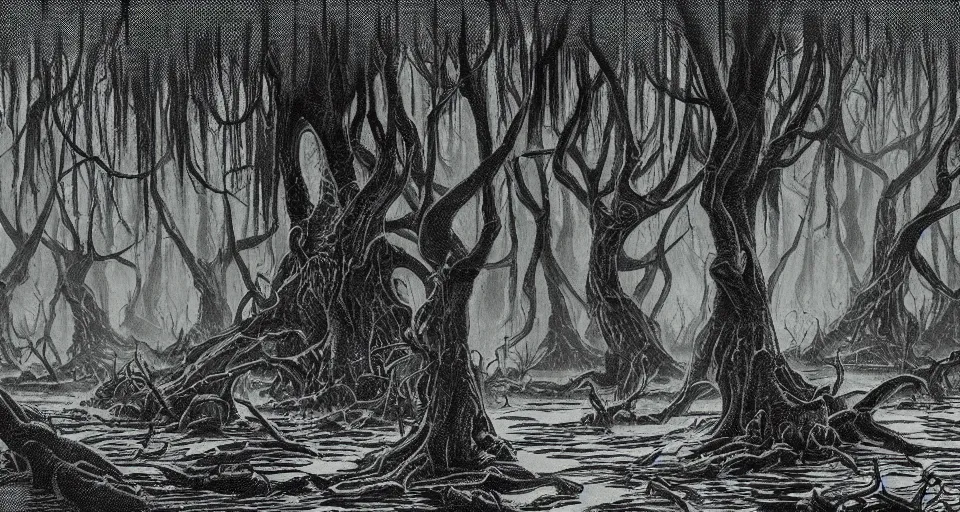 Image similar to A dense and dark enchanted forest with a swamp, by H.P. Lovecraft