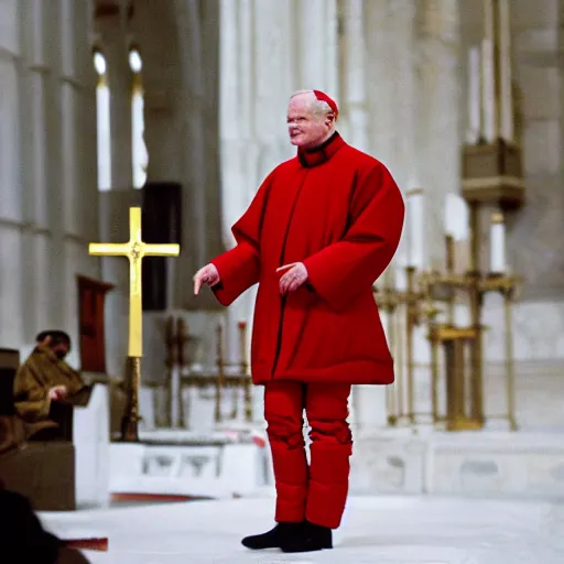 Prompt: john paul ii standing in church in a black puffed nuptse, black cargo pants and high black boots