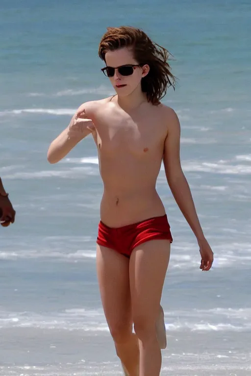 Image similar to emma watson on a beach in shorts, hyper realistic