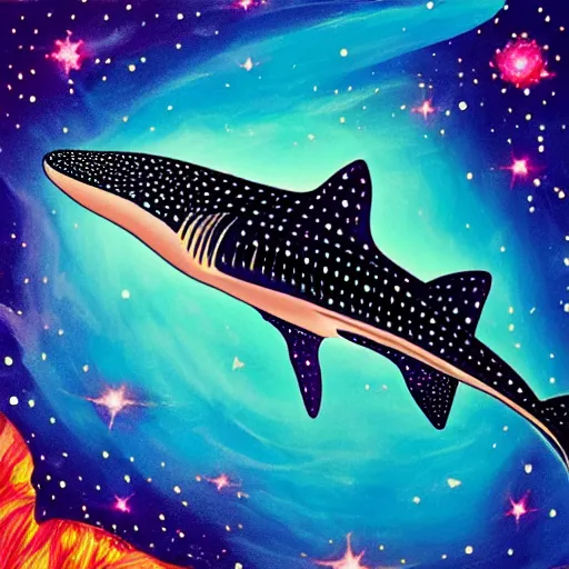 Prompt: gouache painting of a whale shark flying through a swirling, luminous nebula, elegant, ultra detailed, gouache illustration of whale - shark floating through a colorful nebula