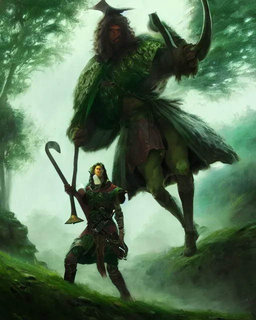 Image similar to oil painting of Anthropomorphized Sheep warrior holding giant club, wearing green cloak, sharp focus, fantasy style, octane render, volumetric lighting, 8k high definition, by greg rutkowski, highly detailed, trending on art Station, magic the gathering artwork, magical forest backround, centered