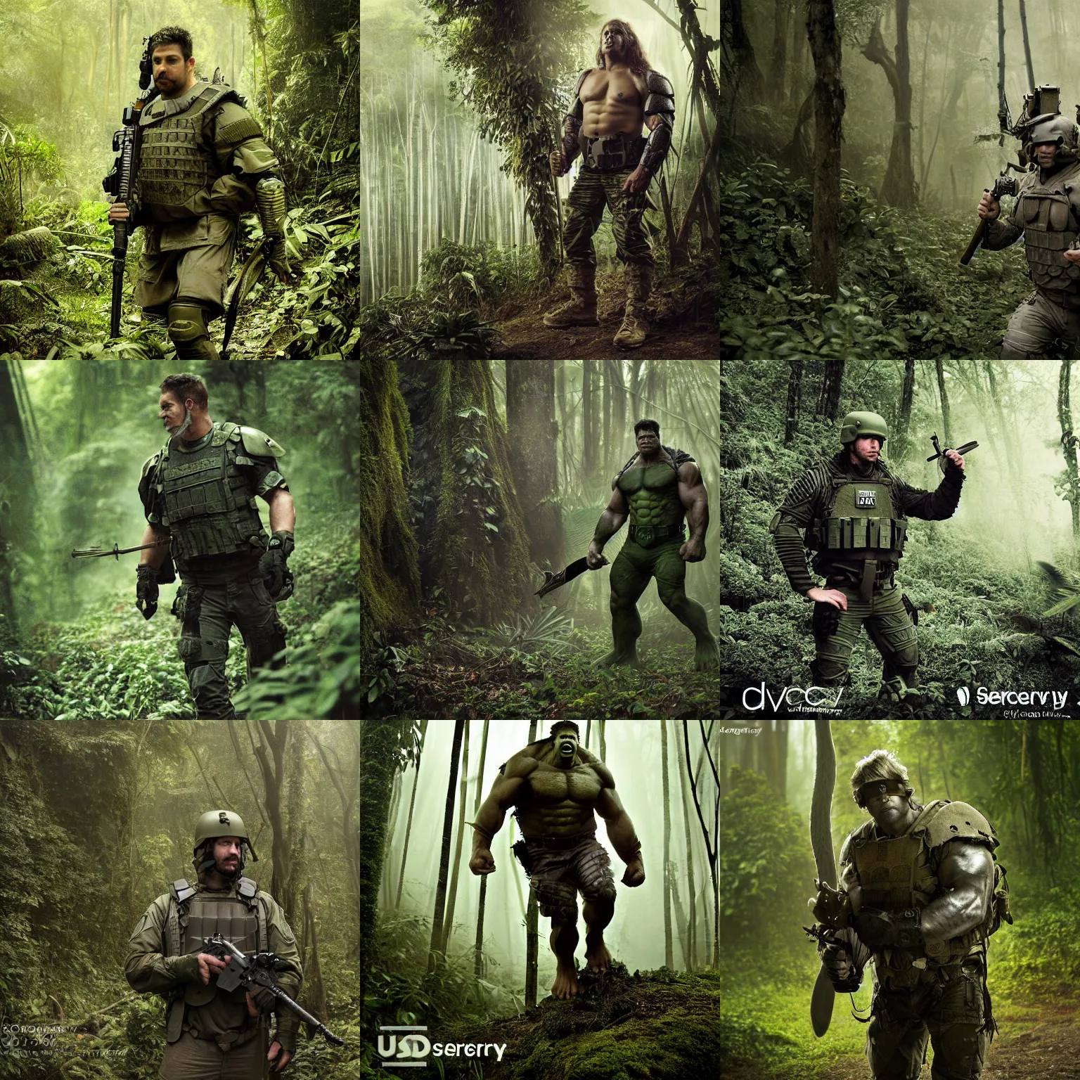 Prompt: photograph by discovery channel! full shot!!!!! swat! soldier armor!!! hulk oversized barbarian rugged rabbit, fog, in deep jungle forest jungle, overcast!!! cinematic focus, polaroid photo, vintage, neutral colors, soft lights, overcast, foggy, full shot by steve hanks, by serov valentin, by lisa yuskavage, by andrei tarkovsky