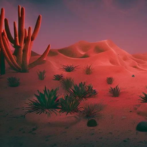 Image similar to A mystical desert with blood houngry creatures and colorfull plants,cinematic lighthing,nightmare,horror,octane render,