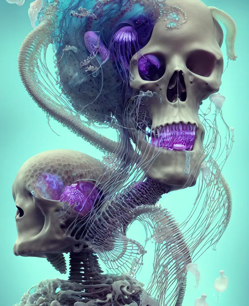 Image similar to goddess close - up portrait human skeleton, ram skull, jellyfish, orchid, betta fish, bioluminiscent, intricate artwork by tooth wu and wlop and beeple. octane render, trending on artstation, greg rutkowski very coherent symmetrical artwork. cinematic, hyper realism, high detail, octane render, 8 k