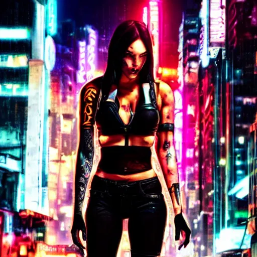 Prompt: cyberpunk megan fox, standing on a cyberpunk street at night, streets are lit with neon lights, portrait, cinematic