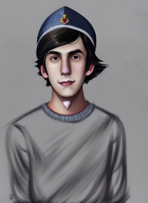 Image similar to portrait of teenage jughead jones wearing a light grey crown, photorealistic, crown, eyes closed, crown, black hair, sweater with letter s on it, letter s, intricate, elegant, glowing lights, highly detailed, digital painting, artstation, concept art, smooth, sharp focus, illustration, art by wlop, mars ravelo and greg rutkowski