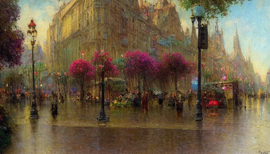 Image similar to city full of flowers, plant and trees, during heavy rain, in the style of Gaston Bussière, Art Nouveau