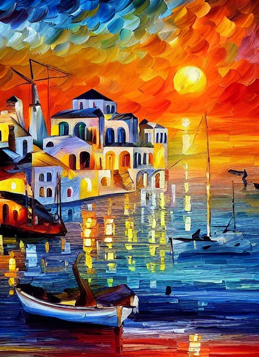 Image similar to beautiful seaside greek village at sunset in the style of leonid afremov