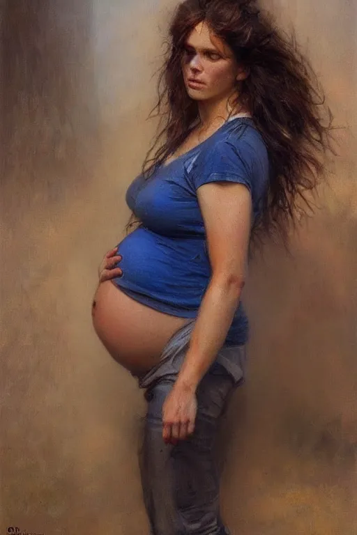 Image similar to pregnant woman in t-shirt by Gaston Bussiere. full-shot, urban dystopia, hyper realism, realistic proportions, dramatic lighting, high detail 4k