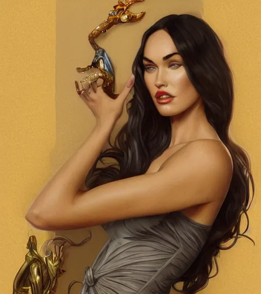 Image similar to megan fox wearing a golden dress, grey hair, red necktie, cinematic, stunning, highly detailed, digital painting, artstation, smooth, hard focus, full body shot, illustration, art by artgerm and greg rutkowski and alphonse mucha