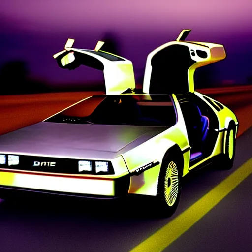 Image similar to futuristic delorean time machine at night in the rain driving on the highway