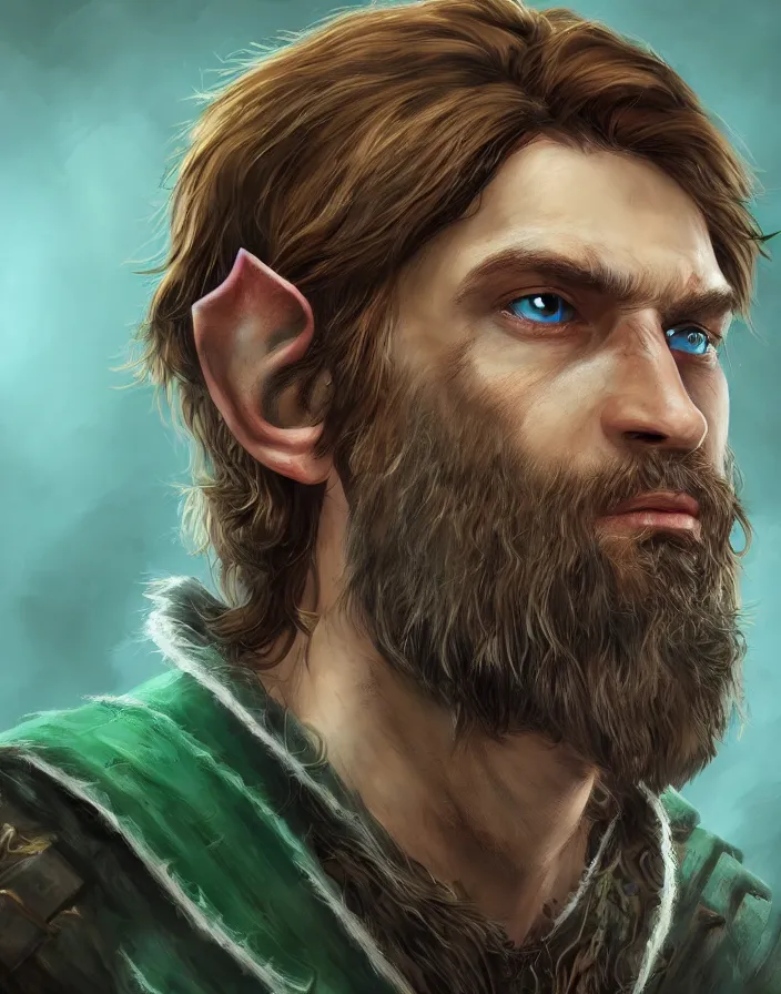 Image similar to An epic fantastic realism comic book style portrait painting of an arrogant half elf ranger with shaggy brown hair, scruffy beard, scar on face, teal tunic, D&D Concept Art, unreal 5, DAZ, trending on deviantart hyperrealistic, octane render, cosplay, RPG portrait, dynamic lighting