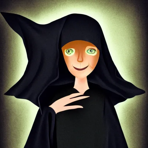 Prompt: a witch wearing a dark hooded cloak