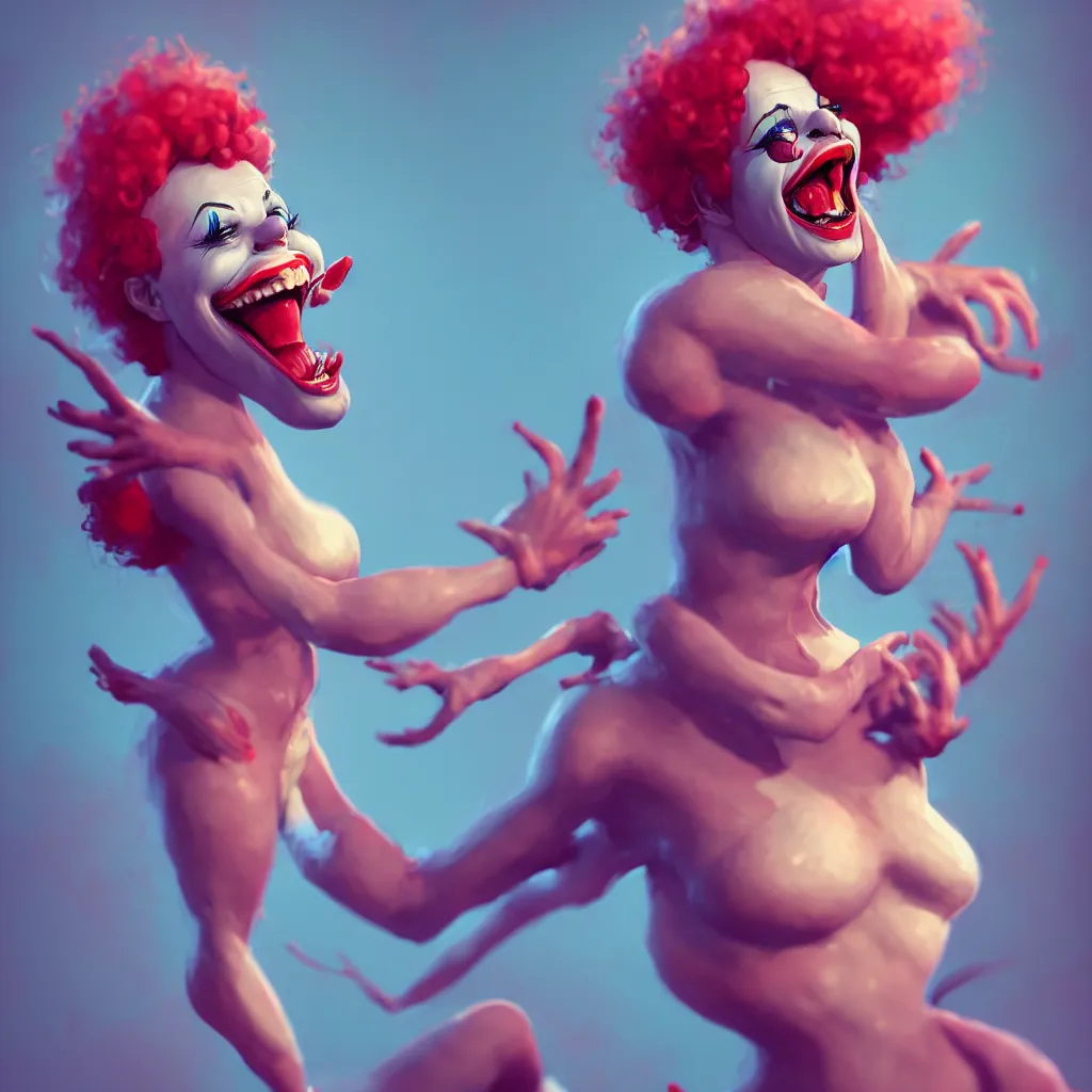 Image similar to a beautiful female clown laughing, full - body and head view, highly detailed, zeronis style, artstation, soft light, sharp focus, illustration, character design, concept art