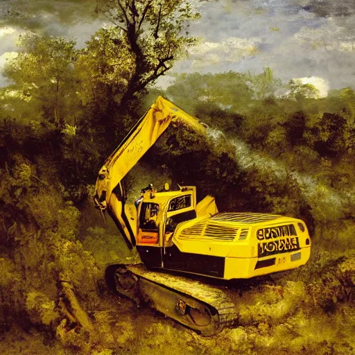 Prompt: gustave courbet painting of rob cross tearing down a forest in a jcb digger