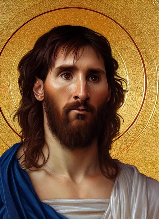 Image similar to portrait lionel messi as jesus, full length shot, shining, 8 k highly detailed, sharp focus, illustration, art by artgerm, mucha, bouguereau