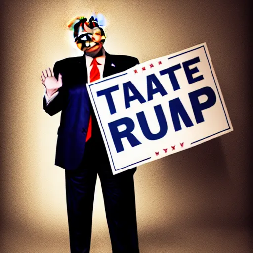 Image similar to a photo of Donald Trump holding a sign saying 'I hate signs !', desaturated photo, cinematic