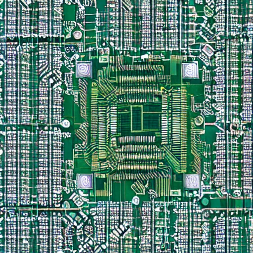 Prompt: tilt-shift photograph of silicon valley as chips on a circuit board