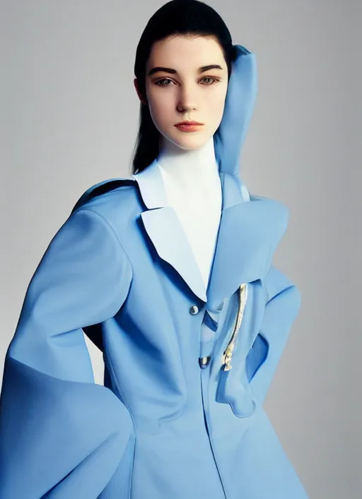 Image similar to a digital portrait of an european girl detailed features wearing a cyber latex wedding coat suit - synthetic materials imac bondi blue 1 9 9 8 by issey miyake by ichiro tanida and mitsuo katsui