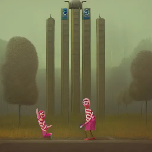 Image similar to simon stalenhag, bananas in pajamas, foggy, horror